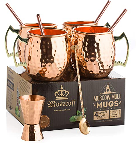 Moscow Mule en cuivre Tasses - Chaque Tasse est de Pure 22-gauge en cuivre - martelé et vintage - 450 ml Lot de 2 avec Mesureur et cuillères à soda.