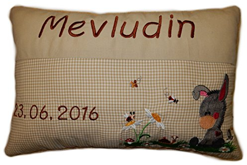 Momelie Beiges Schmusekissen * Kuschelkissen * Esel * mit Namen Bestickt * ca. 25 * 40 cm groß * SK-be_0013
