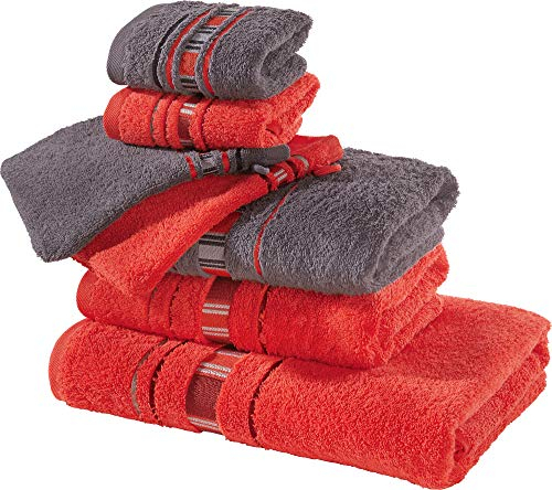 Erwin Müller Frottier Handtuch-Set, Frottier-Set - Achern - rot/grau Größe beidseitige Schlaufen - strapazierfähig - voluminös - 100% Baumwolle - 500g/m²