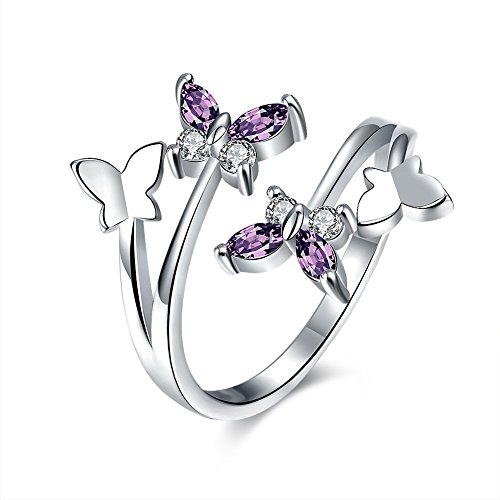 Boowhol Damen Ring 925 Sterling Silber Rose Gold Partnerringe Amethyst Zirkonia Fliegende Vier Schmetterling Öffenung Silberring Ewig Ring Bandring (Silber)