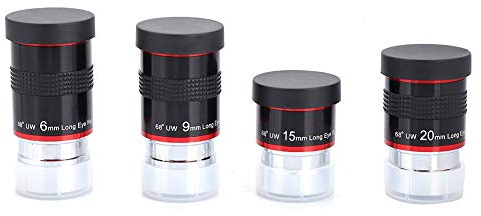 Ultra Wide Angle Long Eye Relief Eyepiece Kit, 1.25 Inches 68° 6 and 9 and 15 and 20mm Telescope Eyepieces Fully Coated Lens Telescope Accessories Kit with Good Color Correction for Telescope