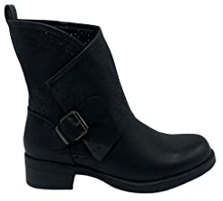 FASHION MODA Stivali Primaverili Estivi da Donna Traforati Biker Motociclista Moda Nero Nuovi Primavera Estate Nero Beige Fibbia Tacco Basso Comodi G630 (Nero, Numeric_39)