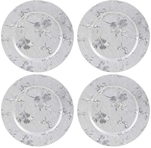 URBN-CHEF Large 33cm Silver Charger Plates, Round Dinner Place Mats with Floral Design for Christmas and Events, Available in Sets (4)