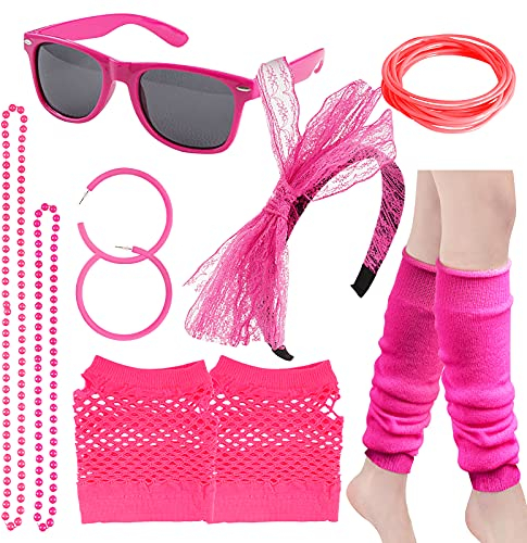 BETESSIN 80er Jahre Outfit Set Damen - inkl. Haarreif, Brille, Ohrringe, Halsketten, Handschuhe, Armbänder und Beinstulpen - Kostüm Accessoires für 1980s Mottoparty, Neon Party, Karneval, Fasching