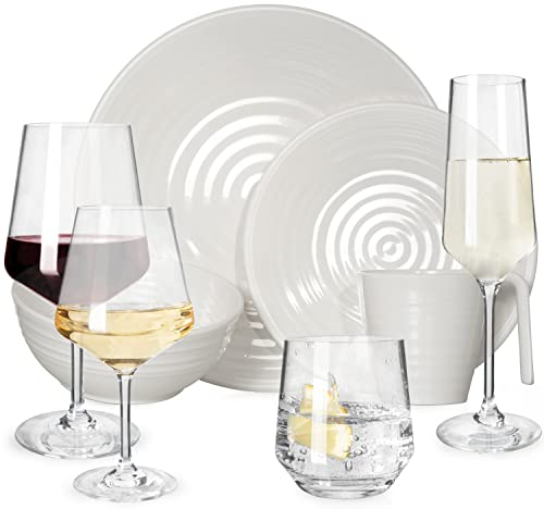 Melamin Camping Geschirr Set 4 Personen Crema Design 16 Teilig + 16 Milano Gläser Wassergläser Weingläser Champagner-Gläser Flûtes Tafelgeschirr Picknick BBQ Kochgeschirr