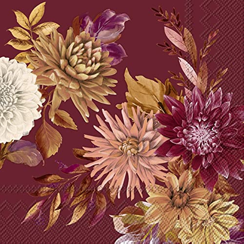 IHR Ideal Home Range - Herbst Servietten mit Dahlien DARLA Herbstblumen Herbstdekor red 20 St. Cocktail-Servietten 25 cm x 25 cm