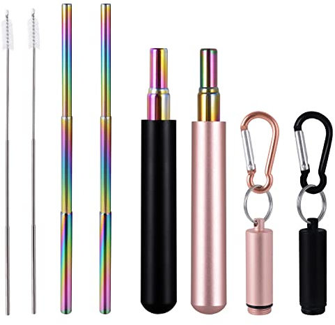 Wolfteeth Lot de 2 pailles télescopiques réutilisables en acier inoxydable avec étui en métal portable, brosse de nettoyage télescopique, noir et or rose 502505