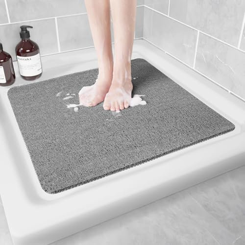 Shower Mat Non Slip Anti Mould: Bath Mats for Inside Bath- 60 x 60 cm Anti Slip Shower Mats for Inside Shower- Loofah Shower Mat Grey Square Washable Shower Matt for Elderly Wet Room Quick Dry