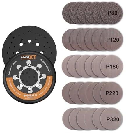 MAXXT 150mm Schleifplatte DA mit Hakenkopf & 30 Schleifblättern | Exzenterschleifer Pad Dual-Action | Flache Randform & Mittlere Härte | Für bürstenlose MAXXT Orbitalschleifer Orbit Sander R7303