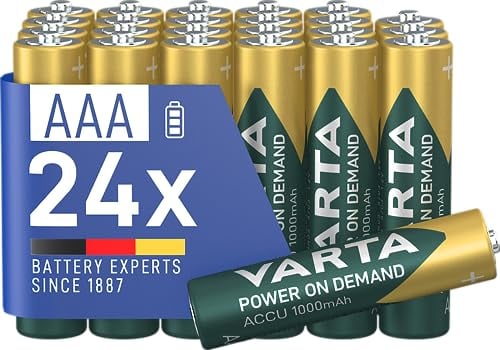 VARTA Piles AAA, rechargeables, lot de 24, Recharge Accu Power on Demand, batterie rechargeable, 1000 mAh Ni-MH, sans effet mémoire, préchargées, prêtes à l'emploi