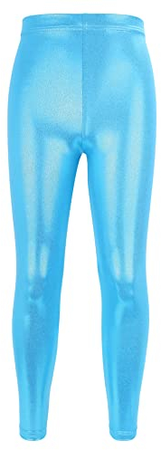 NewL Kinder Mädchen Tanzhose Gymnastik Glänzend Metallic Tanzleggings Skinny für Performances Kostüm (Blau, 11-12 Jahre) Tag Größe 150