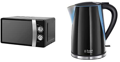 Russell Hobbs RHMM701B 17 Litre 700 W Black Solo Manual Microwave with 5 Power Levels, Ringer & Timer, Defrost Setting, Easy Clean & Mode Kettle 21400 - Black