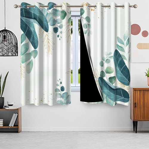 Gardinen Eukalyptus, Uiiooazy Vorhang Grün Gold Blätter Pflanzen Schlafzimmer Vorhäng Blickdicht Schattierungsvorhänge Gardine Lichtundurchlässig Fenstervorhang für Wohnzimmer Balkon Fenster 140x145cm