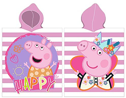 Peppa Wutz Pig Kinder Kapuzen Bade-Poncho Happy 55x110 cm 100% Baumwolle Veloursqualität Poncho Bademantel Badetuch Strandtuch Duschtuch Handtuch Pareo Grampy Rabbit Mümmel Sunny Cartoon Piggie
