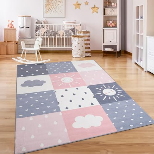 Paco Home Teppich Kinderzimmer Kinderteppich Spielteppich Kurzflor rutschfest Krone Herzen Punkte Sonne Regenbogen Buchstaben, Grösse:120x160 cm, Farbe:Rosa
