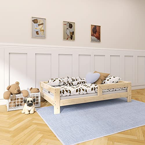 Need Sleep Montessori Bett Kinder Kinderbett 90x200 cm mit Rausfallschutz und Lattenrost Juniorbett Kleinkind Klienkindbett ab 2 Jahre niedrig für Mädchen und Jungen aus Holz