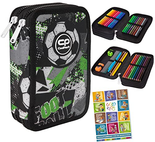 Goldkids 2-fache Federtasche Federmappe Junge Federmäppchen Fußball 35-teilig Schüleretui Stifte und Pinsel Fanartikel inkl. Aufgabenheft Federbox Etui Stiftetasche Schlamper-Etui Schul-Etui 1.klasse