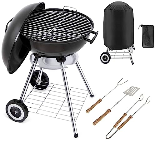 Gr8 Garden Portable 18 inch Kettle Charcoal BBQ Grill Patio Camping Barbecue Barbeque With Cooking Utensils Tools Cover Wheels Stand