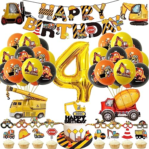 VUCDXOP Bagger Geburtstag Deko Set 4 Jahre, Baustelle Kindergeburtstag Party Dekoration, 4 Jahre Luftballons Geburtstag Deko, Bagger Kindergeburtstag Deko, Bagger Folienballon Geburtstagsdeko Jungen