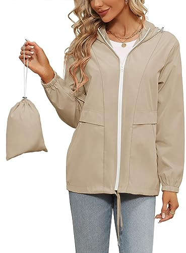 Tisfeer Womens Waterproof Jackets Lightweight Windproof Raincoat Packable Hooded Outdoor Rain Jacket(Khaki,L)