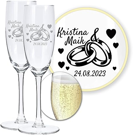 LALALO Hochzeit Sektgläser 2er Geschenk-Set mit Gravur: Brautpaar Präsent & Deko zum Hochzeitstag – Sektglas personalisiert als Hochzeitsgeschenk