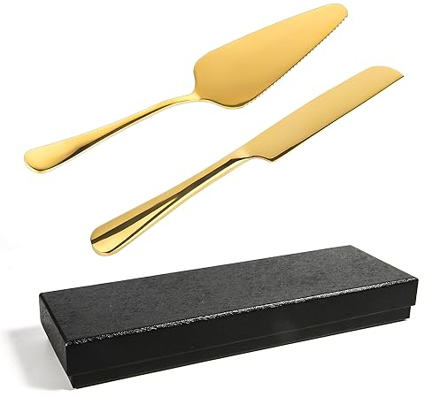 2pcs Ensemble de Couteaux à Gâteau de Mariage, en Acier Inoxydable Ensemble de Coupe Gâteau avec Boîte Noire Ensemble de Couteau à Gâteau de Mariage et Serveur pour Anniversaire (Or)
