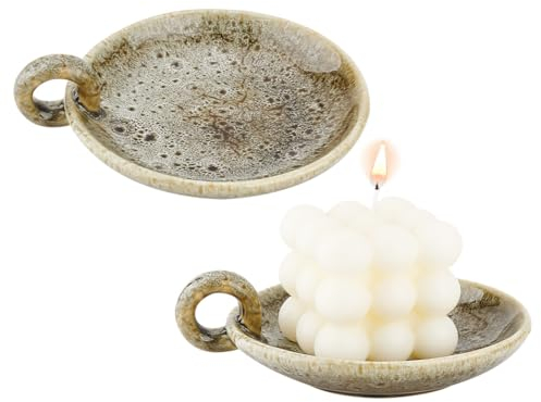 OLYCRAFT Porzellan-Kerzenhalter aus Keramik, rund, Teller, Kerzentablett, dekorativer Kerzenhalter mit Griff, dunkelgrün, für Hochzeit, Zuhause, Spa, Räucherstäbchen, 12,4 x 14,5 cm, 2 Stück