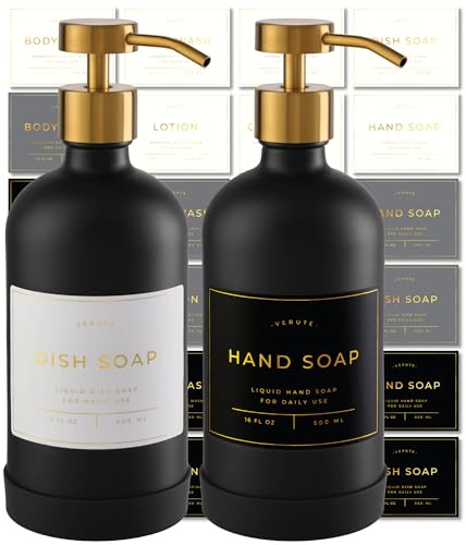 Glass Soap Dispenser Set for Kitchen & Bathroom - 2 x 500ml Refillable Glass Bottles with Stainless Steel Pumps, Non-Slip Silicone Base & 27 Waterproof Labels (Matte Black Bottle/Brushed Gold Pump)