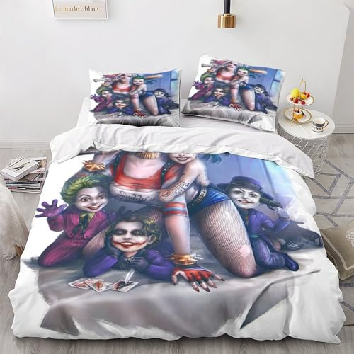 GIOSBR Harley Quinn & Joker 3D Gedruckter Für Kinder Mädchen Jungen Bettwäschegarnitur Bettbezug Set Weich Microfaser Bettwäsche Reissverschluss Und Kissenbezüge 3 Teilig Double(200x200cm)