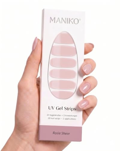 Maniko UV Gel Strips Rosie Sheer Nude – 20 UV Nagelsticker, 2 Anwendungen | UV Nagellack zum Kleben, selbstklebende Nagelfolie für natürliche Nägel, vegan & langanhaltend – Geschenk zu Geburtstag