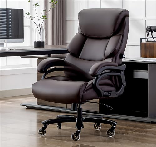 LONXIU Brauner Chefsessel, bequemer Bürostuhl mit Verstellbarer Rückenlehne und Kopfstütze, ergonomischer Bürostuhl für das Büro, PU-Leder-Drehstuhl mit gepolsterten Armlehnen