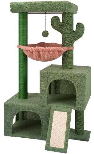 AIWIKIDE Albero tiragraffi a forma di cactus da 95 cm, con due condomini per gatti da interni, mobilia per gatti all-in-one, con tiragraffi accogliente, trespolo e palline giocattolo, verde