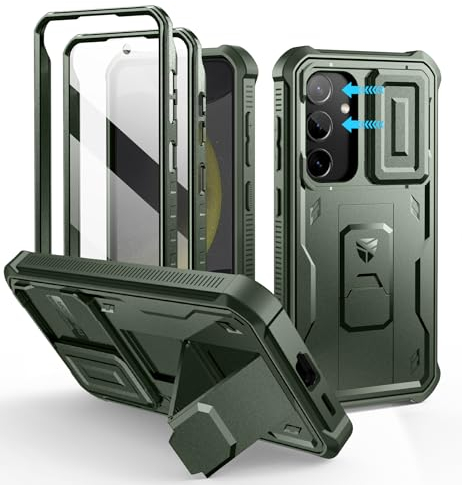 Dexnor Kompatibel mit Samsung Galaxy S24 Hülle mit Eingebaute Schiebekamera Abdeckung&Displayschutz&Kickstand, Schwerlast Stoßfestes Robustes Handyhülle Ganzkörper Stoßfänger Schutzhülle-Military grün