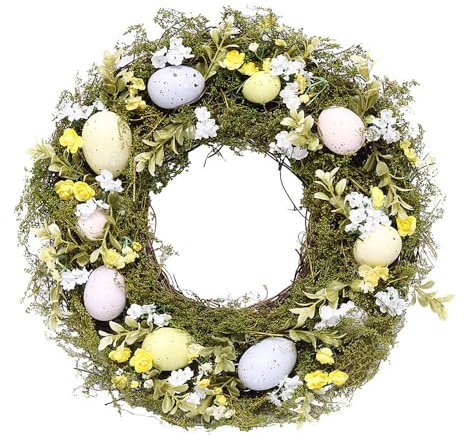 Dekorativer künstlicher Osterkranz – Künstliches Gesteck mit Ostereiern und Blumen – Hängende Wand- oder Türdekoration – Osterdekoration, künstliches Laub – Von TRIXES