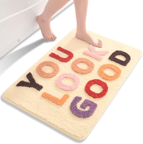 QJHOMO Beige Badezimmerteppich Bunt Badematte rutschfest Waschbar Badteppich niedlich Bad Deko Spaßig Badvorleger Weiche Mikrofaser Duschvorleger Absorbierende Badezimmer Teppich 40 x 60 cm