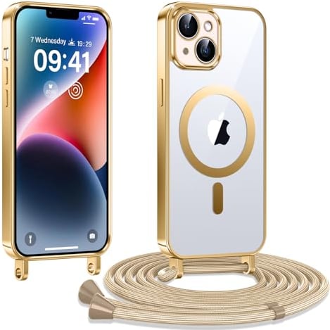 Kokio Handykette Hülle für iPhone 13/ iPhone 14 mit Band, Magnetische Transparent Handyhülle Kompatibel mit MagSafe, Kratzfeste Stossfest Schutzhülle mit Einstellbar Kette,Gold