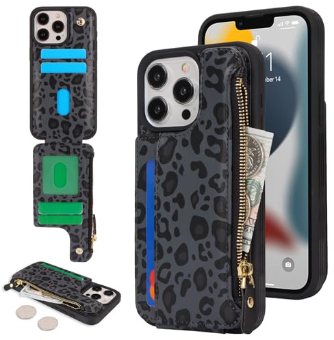 SailorTech per iPhone 13 Pro Max Custodia per telefono con porta carte di credito per uomo, iPhone 13 Pro Max Custodia con slot per carte di credito Portafoglio Zipper per donna-Leopardo Nero