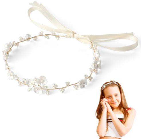 Haarschmuck Kommunion Mädchen,Prinzessin Blumenkranz Haare,Weiß Perle Haarreifen Kopfbedeckung,Blumen Haarkranz mit Band,Geeignet für Braut Damen,Fotografie Hochzeit Zubehör