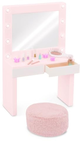 Our Generation – Pink Vanity Table Playset – Light-up Mirror – Pretend Make-up & Styling Items – 18-inch Doll Accessories – Toys for Kids Ages 3 & Up – Glam & Glow Vanity Set