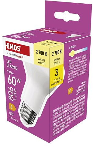 EMOS LED Lampe Reflektor-Form, 7W Ersatz für 60W Glühbirne, R63 Scheinwerfer-Birne mit E27 Sockel, Helligkeit 806 lm, Warmweiß 2700 K, 30000 h Lebensdauer, CRI min. 80, 120° Abstrahlwinkel