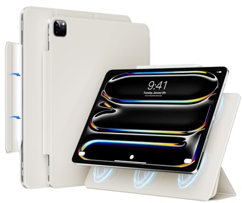 JKSML Magnetische Hülle für iPad Pro 11 Zoll M4 (2024)-Dünne Dreifach Faltbare Standhülle Unterstützt Pencil Pro/USB-C & AutomatischesSchlaf/Weck, Rutschfestes und Kratzfestes PU Leder, Weiße Creme