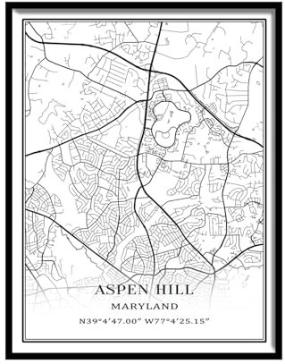 Tanokcrs Aspen Hill Maryland Amerika, Wandkunst, Stadtkarte, Gemälde, Leinwand, ungerahmt, Kunstwerk, modern, schlichtes Poster, Heimbüro, Dekoration, 27,9 x 35,6 cm