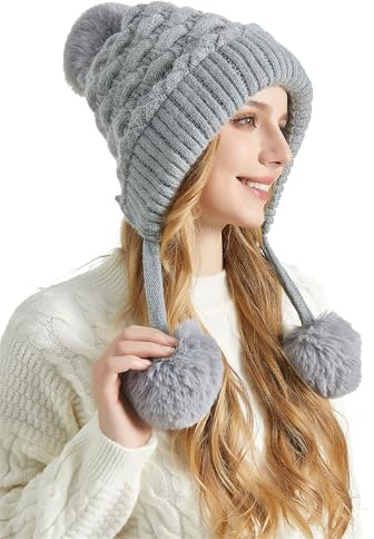 FEOYA Damen Dicke Thermal Fleece Mütze Weiche Warme Wintermütze mit Fleecefutter Winddichte Skimütze 2 in 1 Strickmütze Imitation Kaninchenfell Outdoor