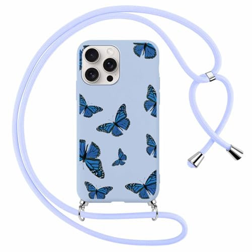 Xylota Funda Cuerda para iPhone 16 Pro 6,3, Suave Silicona Carcasa con Colgante Ajustable Correa Cordón Cadena Collar Case, Ultrafina TPU Bumper Antichoque Cover con Aesthetic Dibujos Mariposa, Azul