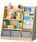 KEEPREAPER Kinderregal mit 3 Aufbewahrungsboxen aus Vliesstoff, Bücherregal Kinder Montessori mit 4 Ablage und 2 offnen Fächern, Kinderzimmer Regal für Spielzeug Organizer,91x38x92cm (Natur-A)