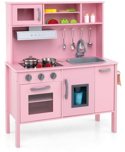 GOPLUS Kinderküche Holz, Kinderspielküche mit Mikrowelle, Spüle, Wasserhahn, Gasherde, Abzugshaube, Eismaschine & Backofen, Spielzeugküche Holzküche für Kinder ab 3 Jahren (Rosa)