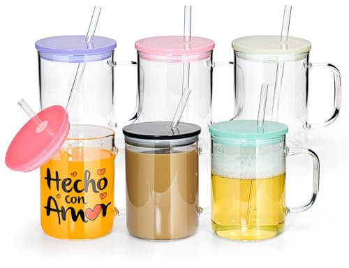 sweet grain Iced Coffee Cups Sublimation Tumblers with Handles, 500 ML 6 Pack Frosted Glass Coffee Mugs and Colored Acrylic Lid, Espresso Coffee Handled Cups, for Coffee, Tea, Cocoa, Milk