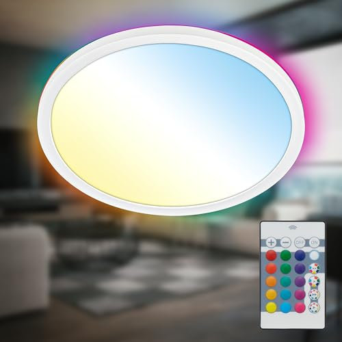 B.K.Licht - LED Deckenlampe flach mit Fernbedienung, RGBIC Backlight, CCT Lichtfläche, Dimmbar, Lampe, Deckenleuchte, Wohnzimmerlampe, LED Panel, Kinderzimmer, Decke, 29x3cm (DxH), Weiß