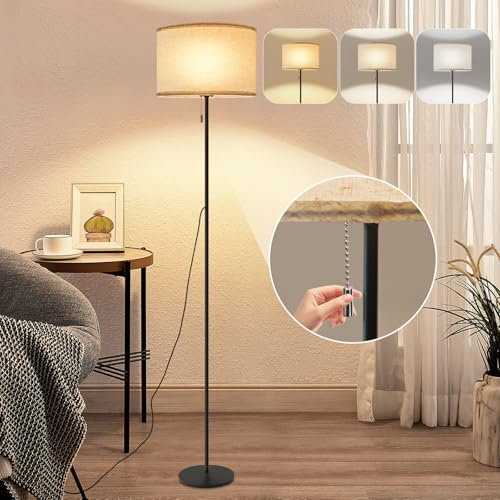 GBLY Stehlampe Wohnzimmer Vintage Stehleuchte: mit LED Dimmbar Standleuchte 136cm Standlampe Beige Lampenschirm 3000K-6500K Wohnzimmerlampe Seilzugschalter Retro Stoff Lampe für Schlafzimmer Büro