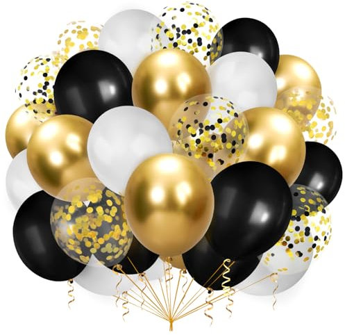 100 Stück Luftballons Schwarz Gold Weiß,Schwarz und Gold Konfetti Luftballons,Goldene Luftballons,Party Latex Luftballons mit 2 Rollen Band für Ballongirlande Hochzeit Abschlussfeier Party Deko